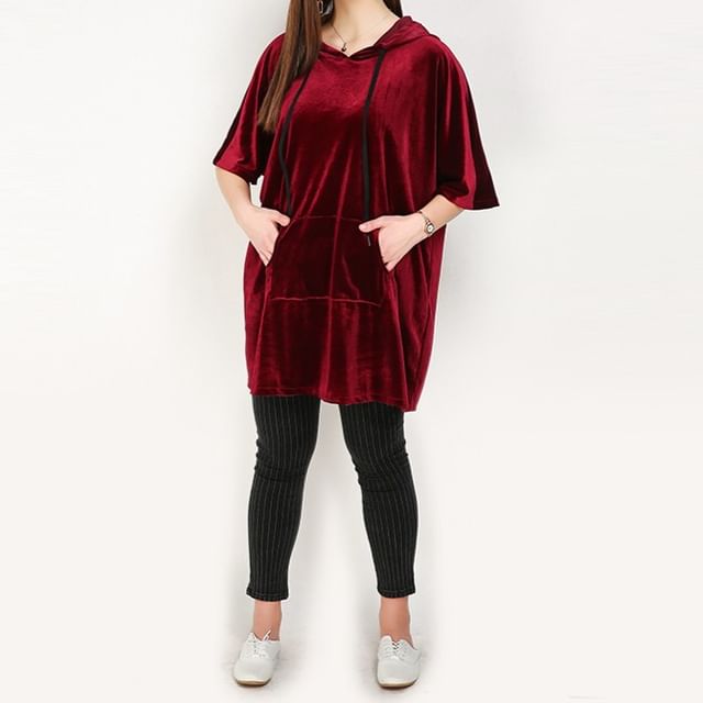 Short Sleeve Solid Velvet Long Hoodie