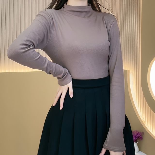 Mock Neck Long Sleeve Solid T-Shirt