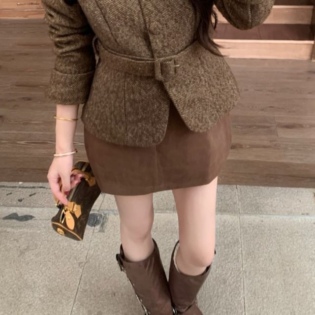 Button-Up Tweed Jacket / Mini Skirt / Belt / Set