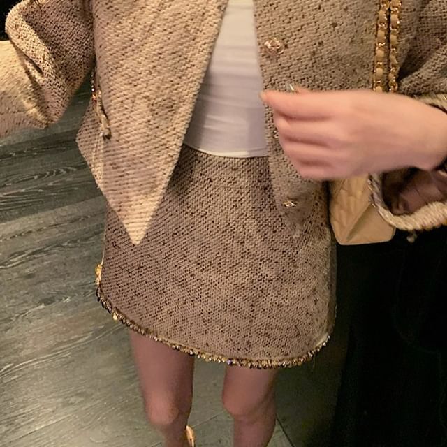 Crew Neck Sequin Trim Button-Up Tweed Crop Jacket / High Rise Mini A-Line Skirt