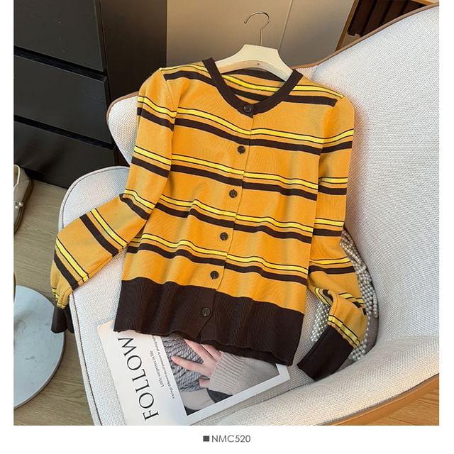 Long Sleeve Crew Neck Striped Cardigan
