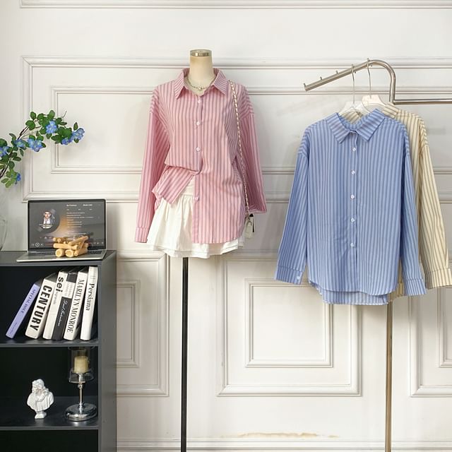 Button-Front Striped Shirt with Long Sleeves