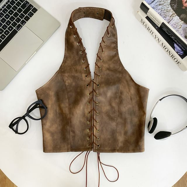 Halter V-Neck Lace-Up Open Back Faux Leather Crop Top