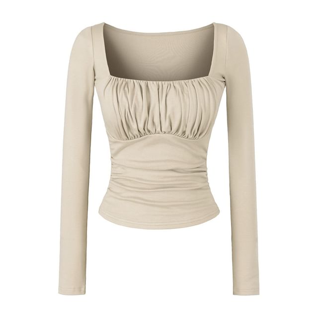 Square Neck Ruched Slim Fit Cropped T-Shirt Long Sleeve