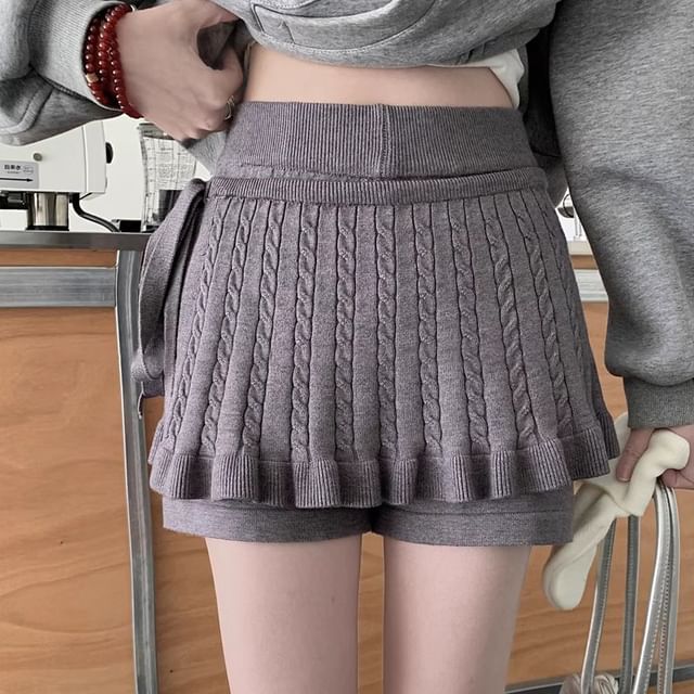 Set: Elastic Waist Knit Shorts and Cable Knit Wrap Skirt