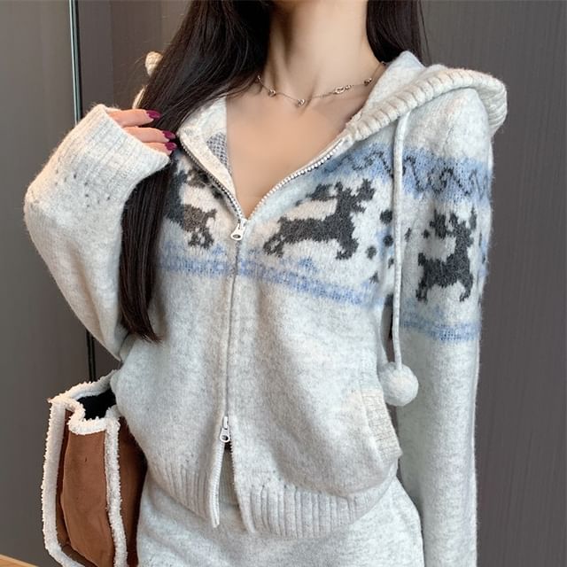 Jacquard Drawstring Hooded Cardigan and Knit Pencil Skirt Set