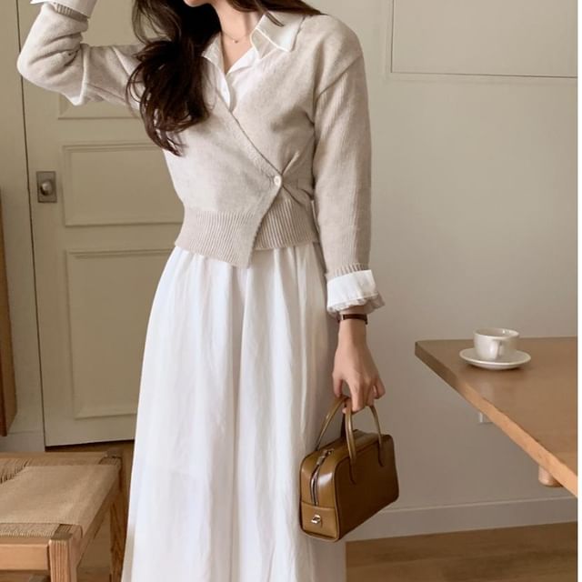 Long Sleeve Collared Plain Gathered Maxi A-Line Shirt Dress