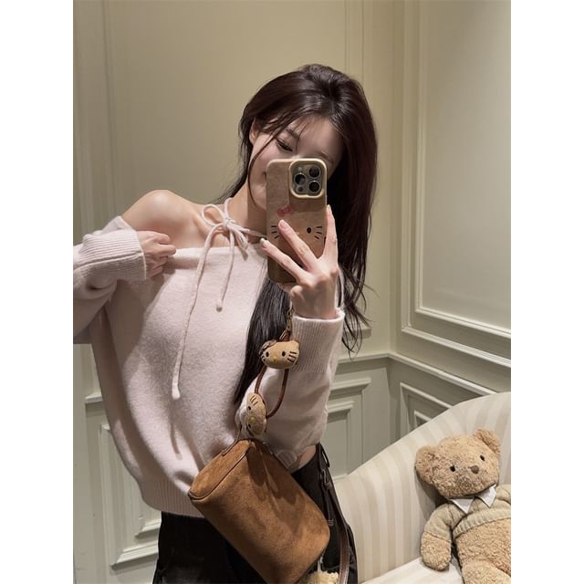 Off-Shoulder Solid Knit Top with Long Sleeves