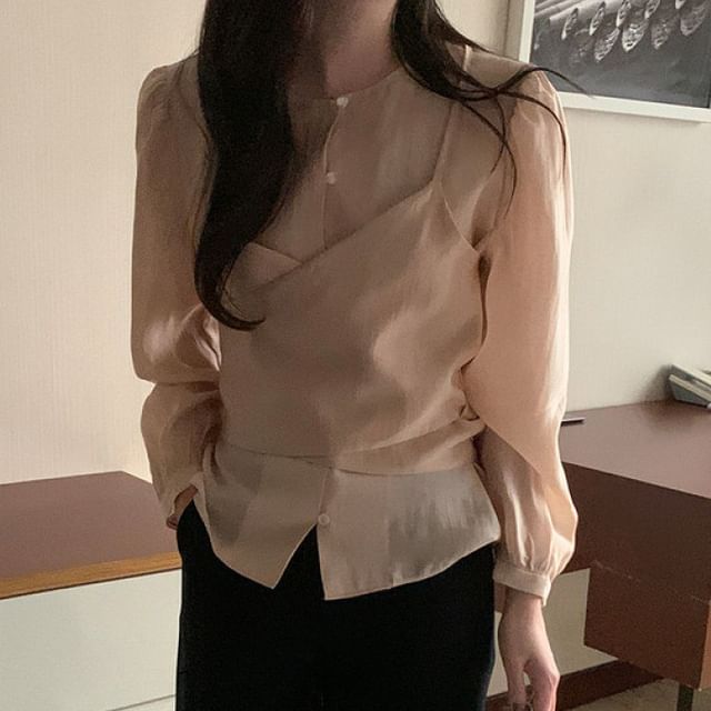 Mock Two-Piece Round Neck Long Sleeve Solid Blouse