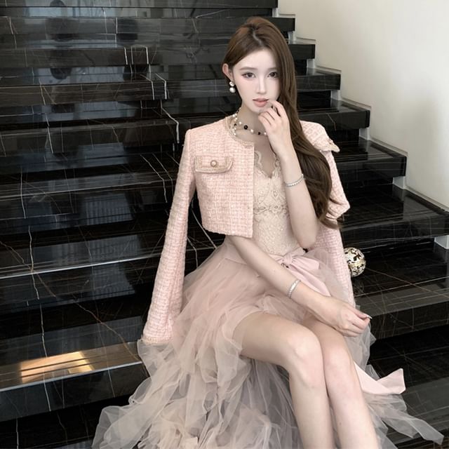 Cap-Sleeve V-Neck Lace Panel Tie Waist Mesh High Low A-Line Dress / Crew Neck Button-Up Tweed Crop Jacket / Set