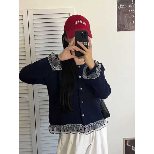 Round Neck Dotted Plaid Panel Mesh Ruffle Cardigan