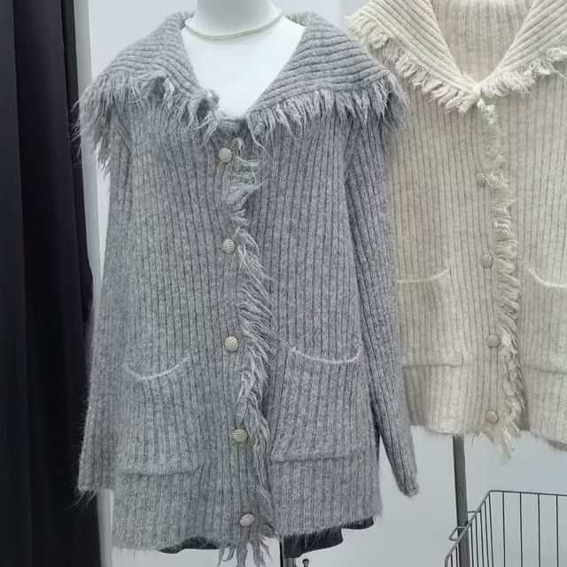 Collared Plain Fringe Ribbed Cardigan