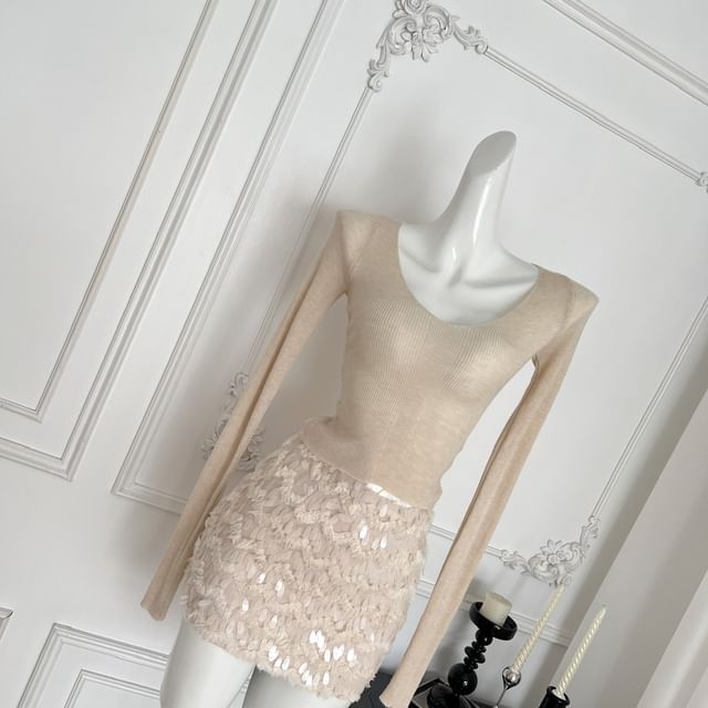V-Neck Long Sleeve Knit Top and Sequin Mini Skirt Set