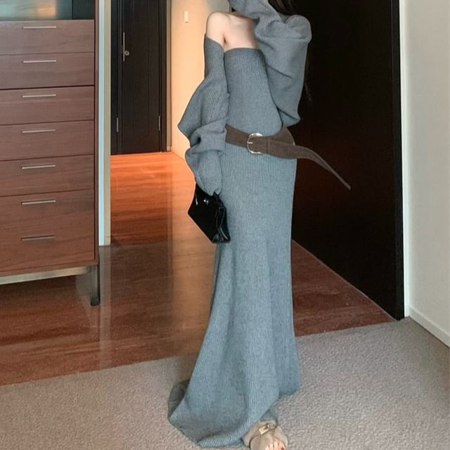 Strapless Plain Ribbed Maxi Mermaid Knit Dress / Open Front Cardigan / Belt / Set