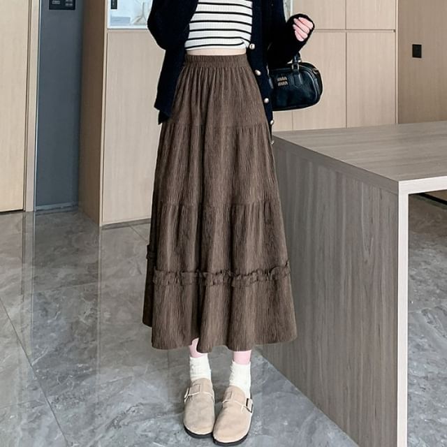 Ruffle Trim Tiered Corduroy Midi A-Line Skirt Elastic Waist