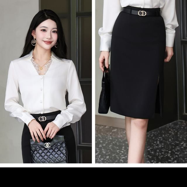 Long-Sleeve Lace Trim Button Shirt and Plain Midi Pencil Skirt Set