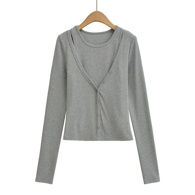 Set: Crew Neck Plain Crop Tank Top + V-Neck Button-Up Cardigan
