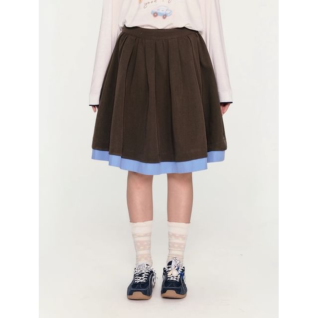 Collar Contrast Trim Zip Jacket / High Rise Pleated A-Line Skirt