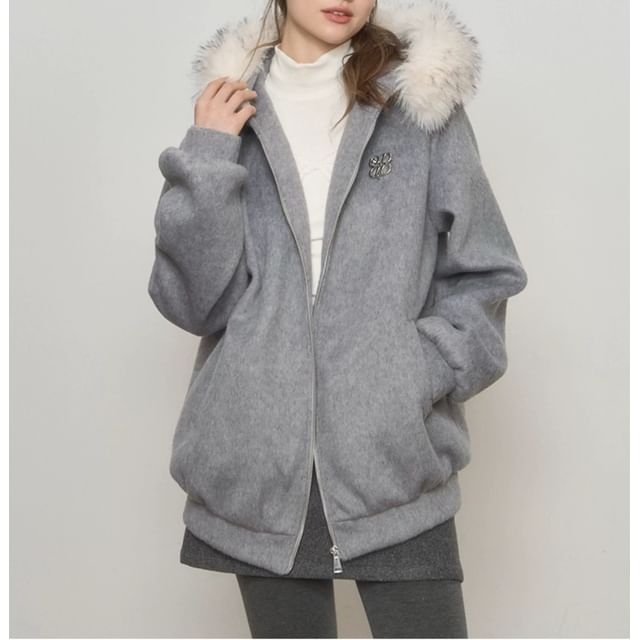 Melange Contrast Fluffy Trim Zip Hoodie