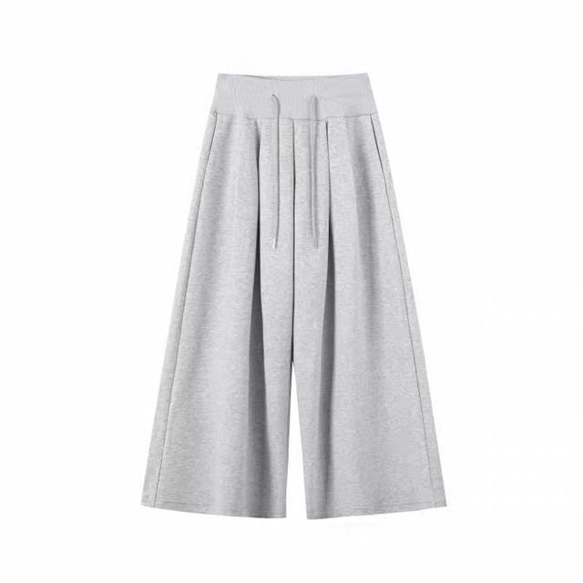 Melange Contrast Fluffy Trim Zip Hoodie / Drawstring Waist Wide Leg Pants