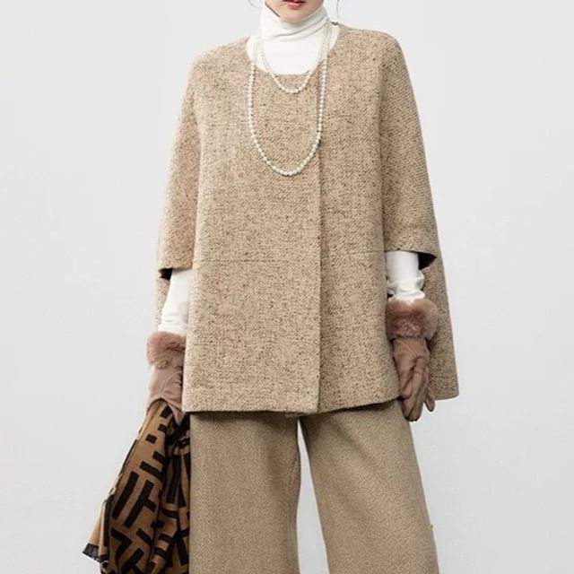 Round Neck Melange Cape / Long-Sleeve Bow Midi A-Line Knit Dress