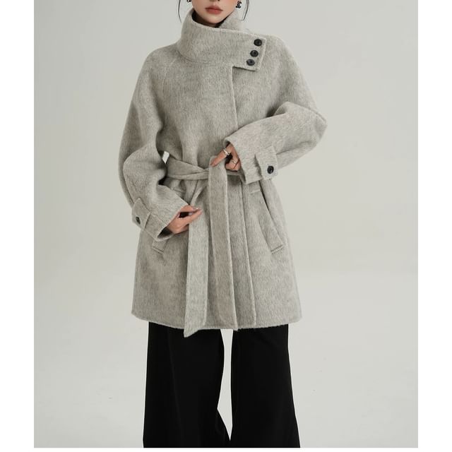 Stand Collar Fluffy Sashed Coat