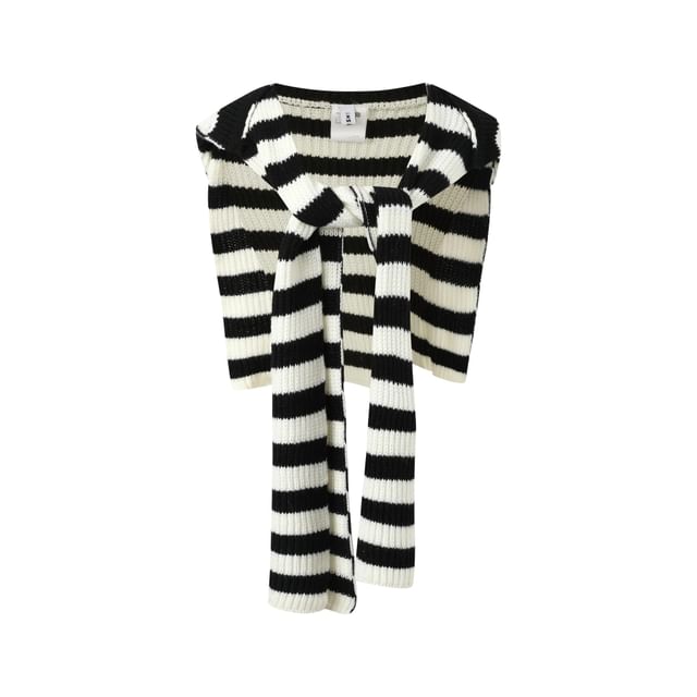 V-Neck Embroidered Ribbed Sweater / Drawstring Waist Plain Bootcut Pants / Striped Scarf