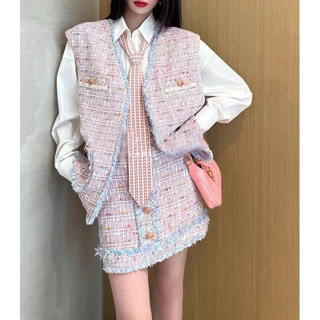 V-Neck Fringed Tweed Vest and Mini Shift Dress and A-Line Skirt