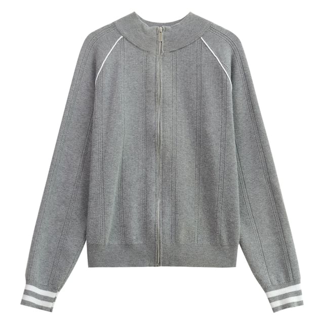 Stand Collar Contrast Trim Zip-Up Cardigan