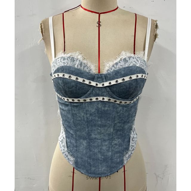 Lace-Trimmed Crop Corset Top with Grommet Details