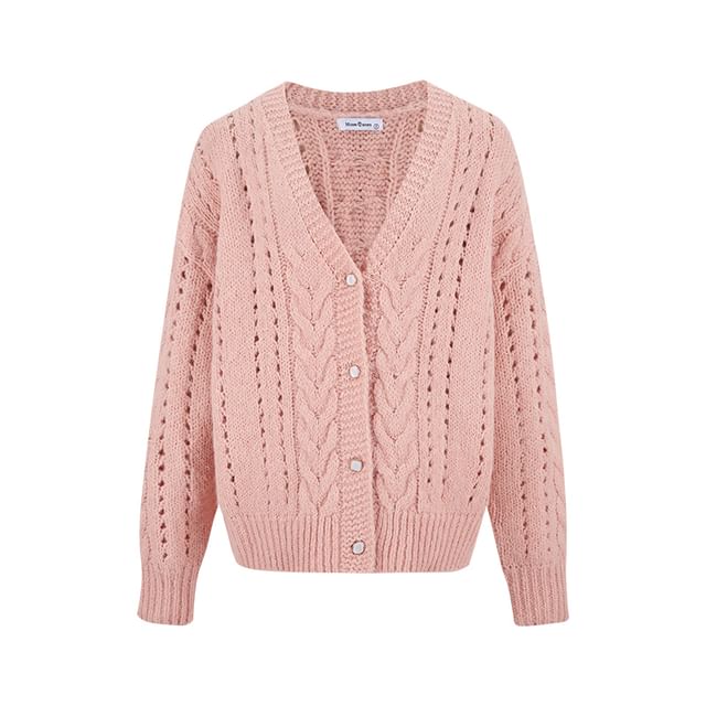 V-Neck Plain Cable Knit Cardigan