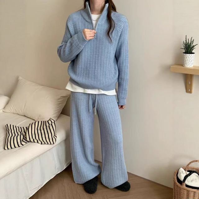 Stand Collar Half-Zip Sweater with Drawstring Wide Leg Pants Set