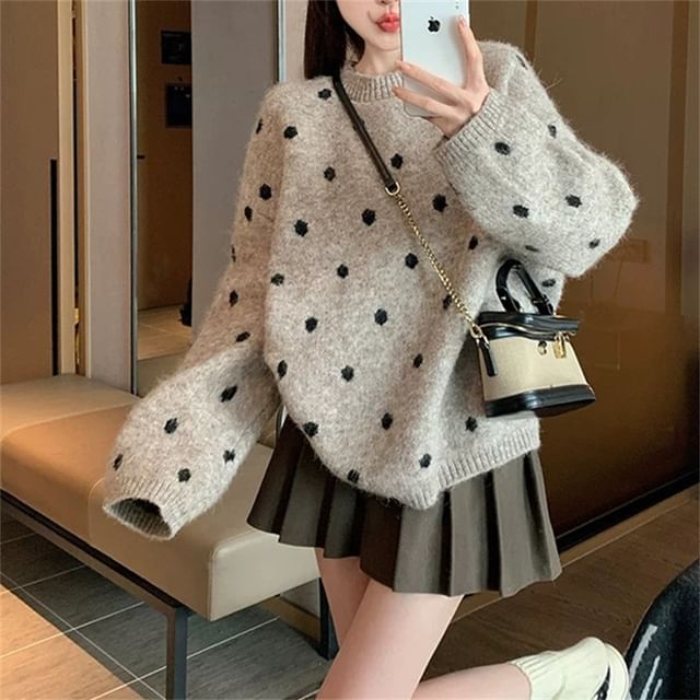 Polka Dot Round Neck Long Sleeve Sweater