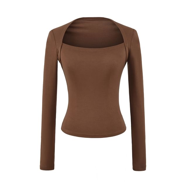Plain Crop Tee with Square Neck and Long Sleeves