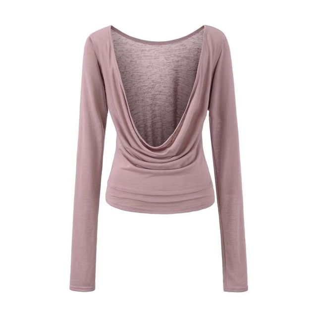 Long Sleeve Deep Plunge Cowl Neck Plain Blouse
