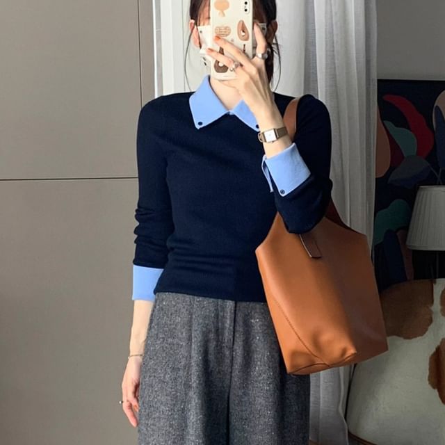 Two-Tone Ribbed Knit Collared Top with Long Sleeves