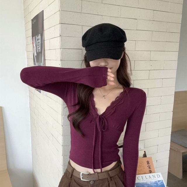 Lace-Trim Tie-Front V-Neck Fitted Long-Sleeve Top
