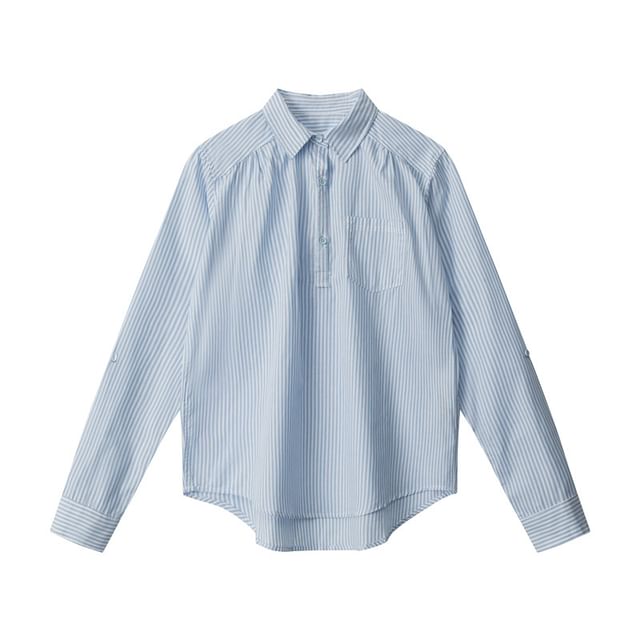 Striped Collared V-Neck Fitted Long-Sleeve Shirt