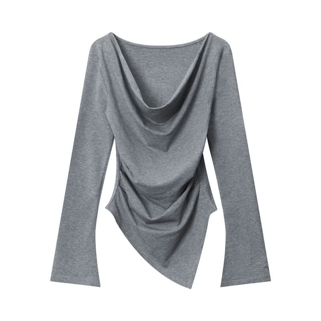 Asymmetric Hem Off-Shoulder Fitted Long-Sleeve Top