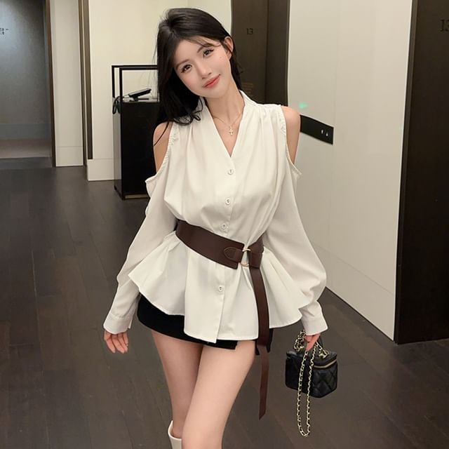 Cold Shoulder V-Neck Button Blouse Set with Belt