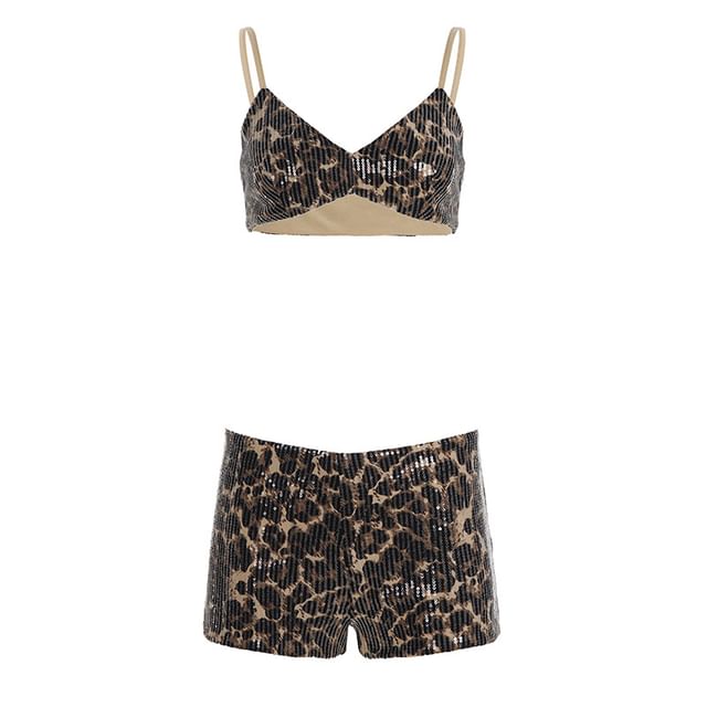Leopard Bralette and Hot Pants Combo with Long V-Neck Tee