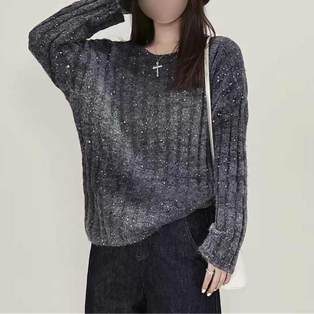 Ombre Ribbed Crewneck Sweater with Gradient Effect