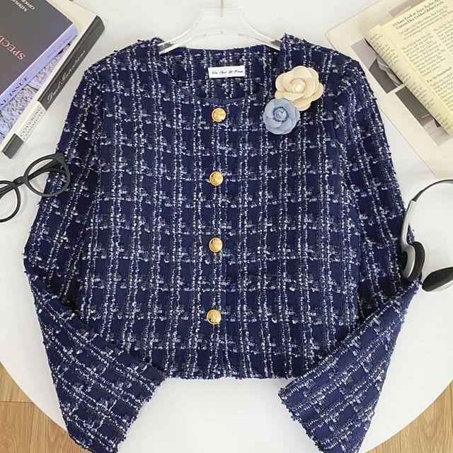 Crew Neck Plaid Flower Accent Button-Up Tweed Crop Jacket