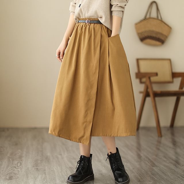 Elastic Waist Asymmetrical Midi Skirt with Belt Set