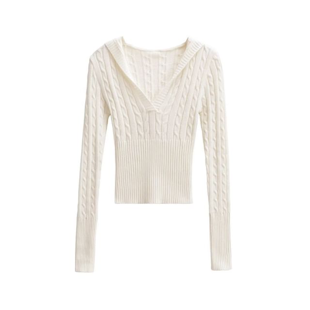 V-Neck Cable Knit Crop Sweater with Long Sleeves