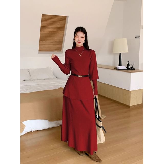 Elegant Crew Neck Knit Top & Flowing A-Line Skirt Ensemble