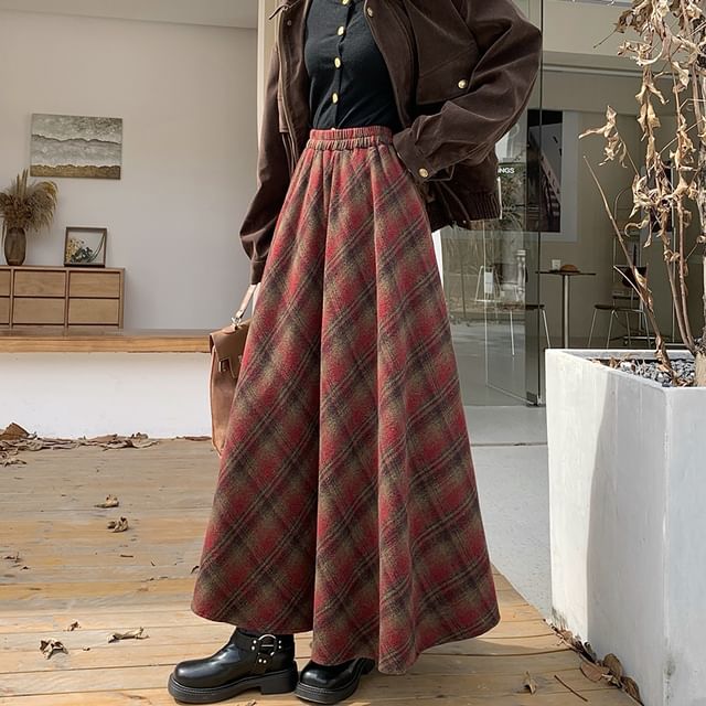 High Rise Plaid A-Line Maxi Skirt