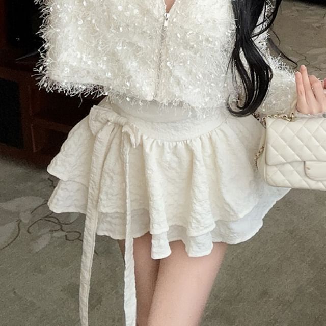 Furry V-Neck Zip Crop Cardigan and Tiered Mini Skirt