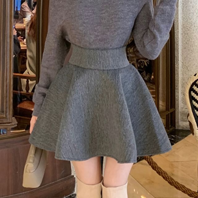 Plain Knit Long Sleeve Top and High Rise A-Line Mini Skirt
