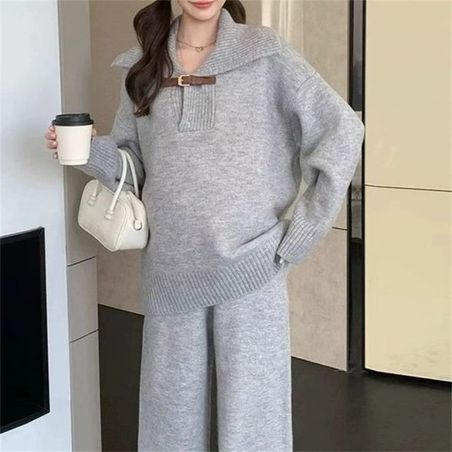 Collared Buckled Sweater with High-Rise Knit Wide-Leg Pants